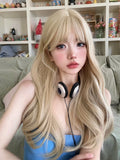 Qfdian 24Inch Blonde Lolita Style Synthetic Wigs With Bangs Long Natural Wavy Hair Wig for Women Daily Use Cosplay Party Heat Resistant