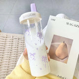 Qfdian  Original Design Purple Bow Water Cup With Straw Cute Coffee Bubble Milk Tea Plastic Cup Large Capacity Students Water Bottle New