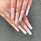 Qfdian 24Pcs Extra Long Square Fake Nail with Glue 3D Little Bear Bow Design False Nails White French Press on Nails Wearable Manicure