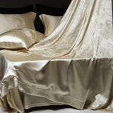 Qfdian 4Pcs Champagne Silk Damask Jacquard Egyptian Cotton Patchwork Luxury Bedding Set Duvet Cover Flat/Fitted Bed Sheet Pillowcases