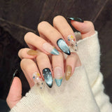 Qfdian  10pcs Handmade Blue Cat Eye Press on Nails Ins Star Sequins Design Shiny False Nails Ins Sweet Fashion Almond Fake Nail Tips