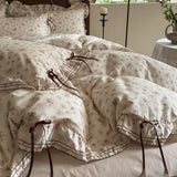 Qfdian 100% Cotton Pastoral Floral Print Ruffles Bow Princess Bedding Set Queen King Duvet Cover Set Bed Sheet/Fitted Sheet Pillowcases