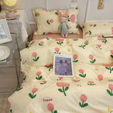 Qfdian Ins Korean Pastoral Flower Bedding Set Purple Bed Flat Sheet Pillowcase Twin Full Queen Size Bed Linen Women Girls Duvet Cover