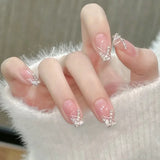Qfdian  10Pcs Cat Eye Handmade Press on Nails French Coffin Acrylic Nails Dreamy Mermaid Pearl False Nail Romantic Sweet Fake Nails Art