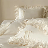 Qfdian  Vintage French Lace Ruffles Bow Bedding Set 60S Lyocell Cotton Soft Silky Duvet Cover Set Flat Bed Sheet Pillowcases 4Pcs