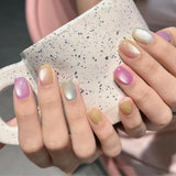 Qfdian  24Pcs  Gradient Color Fake Nail Simple Short Ballet Wearable False Nails with Cat Eye Design Press on Nails Full Cover Nail Tips