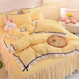 Qfdian Checkered Bedding Set Bed Skirt Ruffle Lace Princess Style Girls Duvet Cover Simple Solid Color Home Textiles Decor Bedroom
