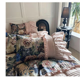 Qfdian Vintage Rose Oil Painting Style Ruffles Egyptian Cotton Bedding Set Duvet Cover Bed Sheet/Bed Skirt/Fitted Sheet Pillowcase 4Pcs