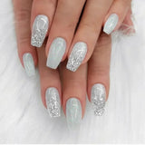 Qfdian 24Pcs Gradient Short Ballet Nails Set with Glue White Simple False Nails Coffin Fake Nail Press on Nails Full Cover Nail Tips