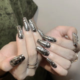 Qfdian  Y2K Star Press on Nails Gradient Black Fake Nails Medium Length Square False Nails Moon Designs for Women Girls Party Daily Use