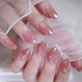 Qfdian 24Pcs Nude Pink Nail Tips Short Round Head False Nails with Design Wearable Finished Fake Nails Full Cover Press on Nails
