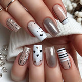 Qfdian  24Pcs Short Square Coffin False Nails Square Fake Nails with Glue French Glitter Wearable Acrylic Nails Set Press on Nail Tips