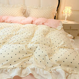 Qfdian  Korean Ruffle Polka Dot Duvet Cover Set for Girls Cute Soft Washed Cotton Bedding Set with Pillowcases Sheet Queen Size