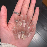 Qfdian  10pcs Dreamy French Fake Nails Pink Noble False Nails Cute Bowknot Press on Nail Shiny Diamond Pearl Nails Press Ons Long Almond