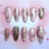 Qfdian  24pcs Smudging Blue False Nails Gentle Almond Gold Star Patterns Press On Nails Romantic Wearable Fake Nail Spicy Girl Manicure