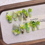 Qfdian  Eco-Friendly Resin Press-On Nails - Spring Floral Design with Pearls, Crystals & Metallic Accents, French Chic Style for Outings