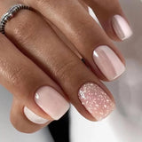 Qfdian 24Pcs Shiny Pearl Wearable False Nails Short Square Fake Nail Simple Summer Press on Nails Detachable Full Cover Nail Tips