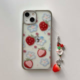 Qfdian 3D strawberry chain painting blue flower fruit phone case for iphone 12 15promax 14pro 13pro 15 pro max ins plating cover coque
