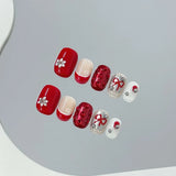 Qfdian  10pcs Handmade Red French Press on Nails Christmas Cat Eye Fake Nail Wearable European Winter Glitter Diamond Decor False Nails
