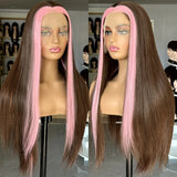 Qfdian Brown Highlight Wig with Pink Streak Long Straight Synthetic Lace Front Wig 13X4 Brunette Colored Hair Frontal Wigs for Women