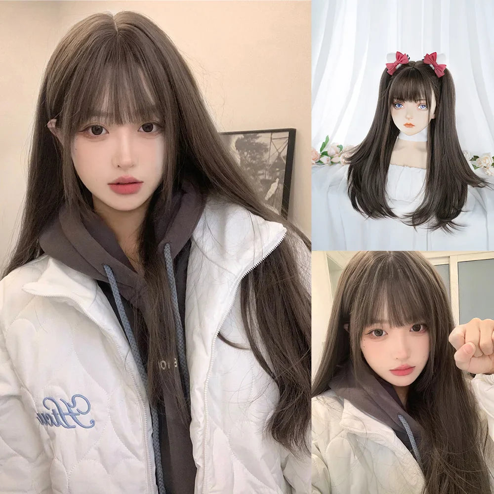 Qfdian 24Inch Cold Brown Synthetic Wigs With Bang Long Natural Straight Hair Wig for Women Daily Use Cosplay Heat Resistant Lolita