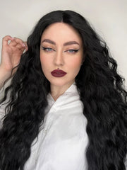 Qfdian 13X4 Black Curly Lace Wig Synthetic Lace Front Wig Wavy Long Black Hair Wig Natural Brunette Colored Lace Frontal Wigs for Women