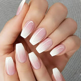 Qfdian 24Pcs Gradient Short Ballet Nails Set with Glue White Simple False Nails Coffin Fake Nail Press on Nails Full Cover Nail Tips