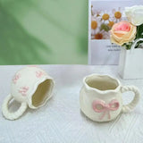 Qfdian Ins-style girly girl hand-held bowknot coffee cup, afternoon tea ceramic cup, cute mug