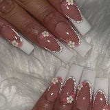 Qfdian 24Pcs Extra Long Square Fake Nail with Glue 3D Little Bear Bow Design False Nails White French Press on Nails Wearable Manicure