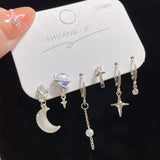 Qfdian 6PCS Y2K Punk Crystal Star Moon Pendant Earring Set For Women Girl Men Gothic Vintage Aesthetic Grunge Jewelry Ear Accessories