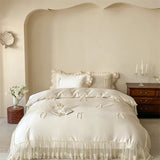Qfdian  Vintage French Lace Ruffles Bow Bedding Set 60S Lyocell Cotton Soft Silky Duvet Cover Set Flat Bed Sheet Pillowcases 4Pcs
