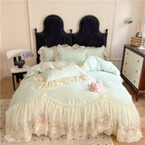 Qfdian  4Pcs Princess Wedding Bedding Set Korean Style Lace Flowers Embroidery Duvet Cover Bed Sheet/Fitted Sheet/Bed Skirt Pillowcases