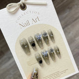 Qfdian 10Pcs Aurora Handmade False Nails with Jelly Glue Long Almond Fake Nail Art Shell Design Press on Nails Full Cover Manicure Tips