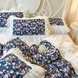 Qfdian 100% Cotton White Princess Bedding Sets Luxury Flowers Printing Lace Embroidery Ruffles Duvet Cover Bed Skirt Pillowcases 4/6Pcs