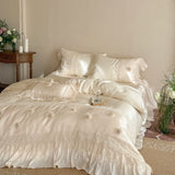 Qfdian  Luxury Lace Ruffles Lyocell Bedding Set, Soft Cooling Flower Duvet Cover Set Bed Sheet/Bed Skirt/Fitted Sheet Pillowcases 4Pcs