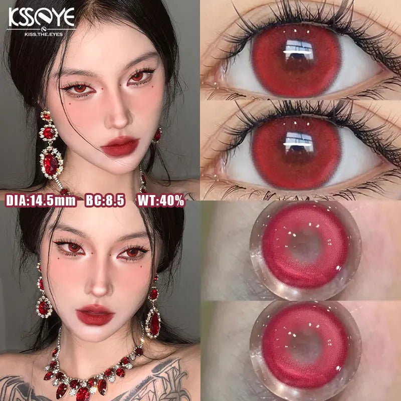 Qfdian 2PCS  Red Color Contact Lenses Large Diameter 14.5mm Myopia Degree Colored Lens Blue Beauty Pupil Makeup One Year Use