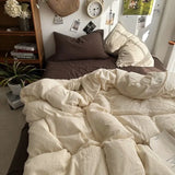 Qfdian  Bedding Set Ins Ambiance Blue Coffee Grid Mixed With Washed Cotton Minimalist Flat&Fitted Sheets Duvet Cover Set With Pillowcase