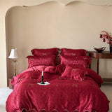 Qfdian  Bow Embroidery Luxury Wedding Bedding Set Red Jacquard Egyptian Cotton Duvet Cover Flat Bed Sheet Pillowcases 4Pcs