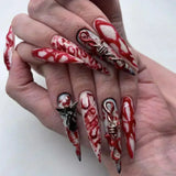 Qfdian  24Pc Halloween False Nails with Almond Head Designs Cute Clown Fake Nails French Full Cover Manicure Press on Nail Tips for Girl