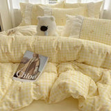 Qfdian  Fashion Lattice Bedding Set Bed Sheet Cute Princess AB Double Sided Ruffle Flower Quilt Cover Pillowcase Bedclothes Home Textile