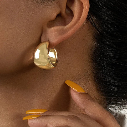 New Gold Color Round Chunky Earrings for Women Lightweight Smooth Metal Open Thick Hoops Fashion Trendy Jewelry