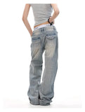 Qfdian  Vintage American Flag Striped Distressed Denim Jeans Loose Fit High Street Micro Flare Trousers for Men Women Casual Style