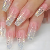 Qfdian 24Pcs Gradient Short Ballet Nails Set with Glue White Simple False Nails Coffin Fake Nail Press on Nails Full Cover Nail Tips