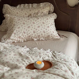 Qfdian 100% Cotton Pastoral Floral Print Ruffles Bow Princess Bedding Set Queen King Duvet Cover Set Bed Sheet/Fitted Sheet Pillowcases