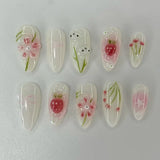 Qfdian  24pcs Gold Pink Flower Press On Nails Glossy Almond Autumn Wearable Fake Nails With Pearl Gold Ball Decor Ballet False Nail Tips