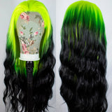 Qfdian Ombre Green Black Highlight Wig Synthetic Hair Loose Deep Wave Long Curly Wavy 13X4 frontal Colored Wigs for Women Party Cosplay