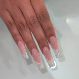 Qfdian 24Pcs Extra Long Square Fake Nail with Glue 3D Little Bear Bow Design False Nails White French Press on Nails Wearable Manicure