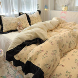 Qfdian  Floral print Korean style Princess Lace Bedding Set Duvet Cover Set Washed Cotton Flat Sheet set Queen For Girl Decor Home