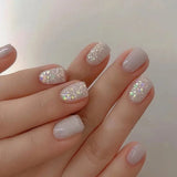 Qfdian 24Pcs Simple False Nails with Glue Short Almond Fake Nails Glitter Aurora Round Head Full Cover Nail Tips Oval Press on Nails