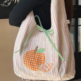 Qfdian Sweet Y2k Aesthetic Embroidery Tote Handbags Fashion Chic Kawaii Striped Underarm Bag Ins Office Lady Shoulder Canvas Bags Women